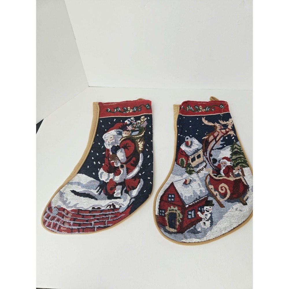 Christmas Stocking pair Santa Claus 16" tapestry chimney